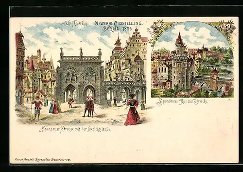 Lithographie Berlin, Gewerbe-Ausstellung 1896, Spandauer Thor mit Brücke, Spandauer Strasse mit der Gerichtslaube