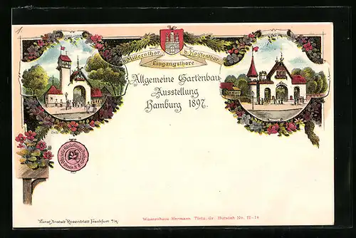 Lithographie Hamburg, Allgemeine Gartenbau-Ausstellung 1897, Eingangstore b. Millerntor u. b. Holstentor