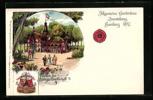 Lithographie Hamburg, Allgemeine Gartenbau-Ausstellung 1897, Pavillon der Bodega-Gesellschaft, Wappen