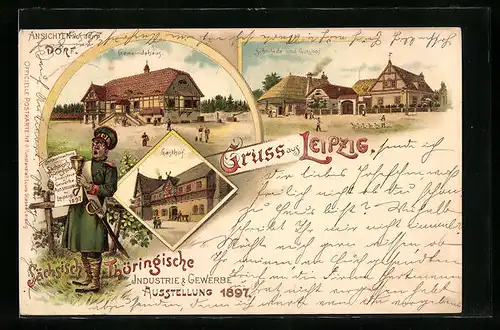 Lithographie Leipzig, Sächsisch Thüringische Industrie & Gewerbe-Ausstellung 1897, Gemeindehaus, Schmiede, Gasthof
