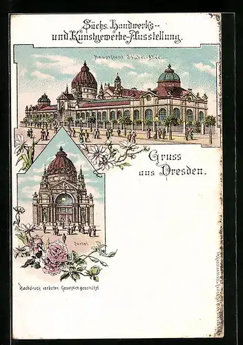 Lithographie Dresden, Sächs. Handwerks- und Kunstgewerbe-Ausstellung, Portal, Hauptfront Sübel-Allee