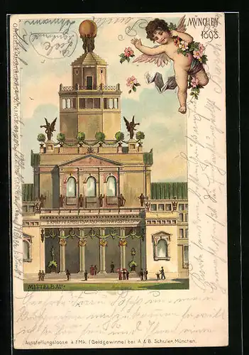 Lithographie München, Ausstellungs-Mittelbau 1898, Putte mit Blumen