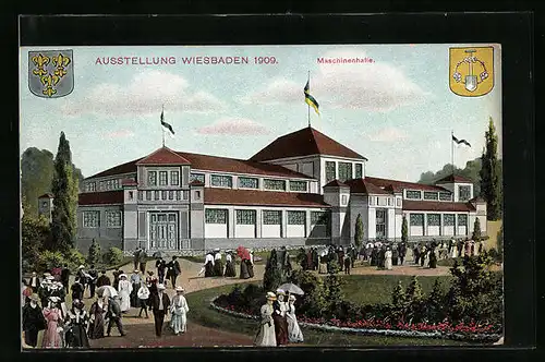 AK Wiesbaden, Ausstellung Wiesbaden 1909, Maschinenhalle, Wappen