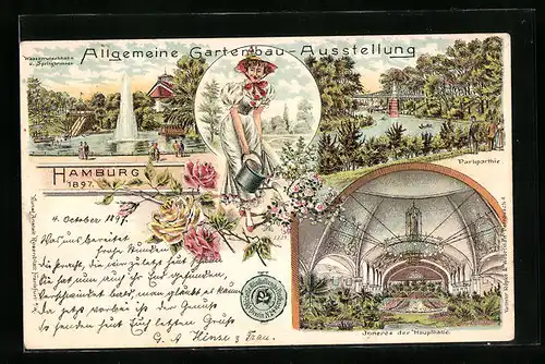 Lithographie Hamburg, Allgemeine Gartenbau-Ausstellung 1897, Haupthalle, Wasserrutsche, Park