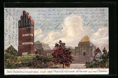 Künstler-AK Darmstadt, Ausstellungshaus und Hochzeitsturm, Architekt Prof. Olbrich, Jugendstil