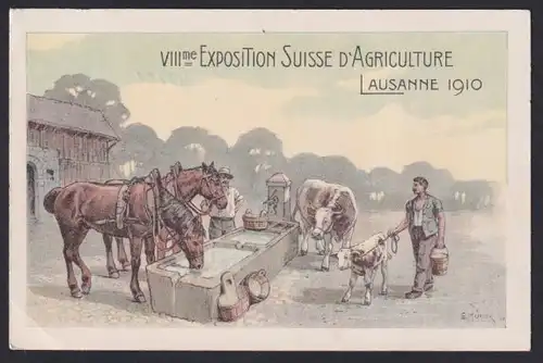 Künstler-AK Lausanne, VIIIme Exposition Suisse d`Agriculture 1910, Pferde und Kühe an der Tränke