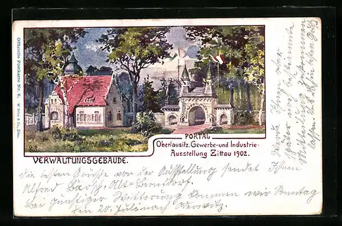 Lithographie Zittau, Oberlausitz. Gewerbe- und Industrie-Ausstellung 1902, Verwaltungsgebäude