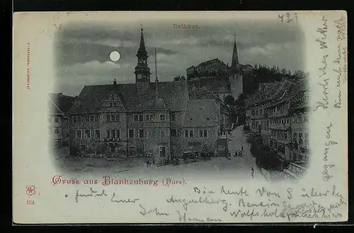 Mondschein-AK Blankenburg /Harz, Rathaus