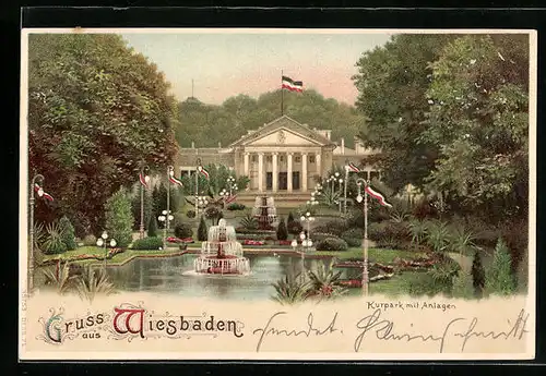 Lithographie Wiesbaden, Kurpark mit Anlagen