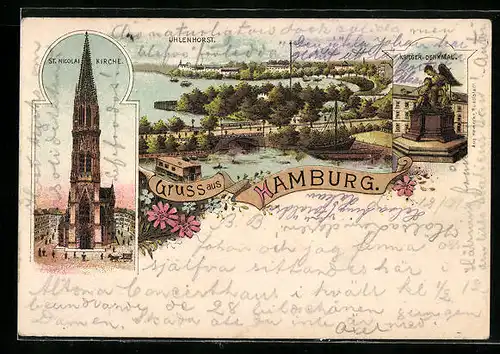 Lithographie Hamburg, Uhlenhorst, Krieger-Denkmal und St. Nicolai Kirche