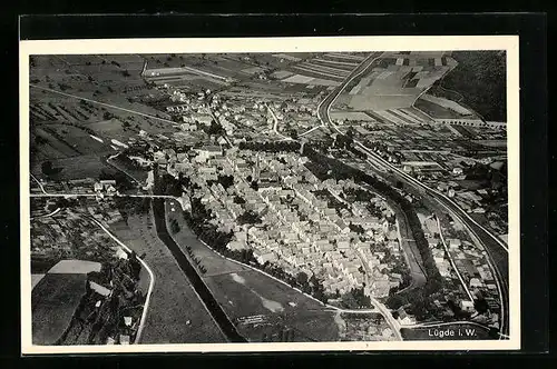 AK Lügde i. W., Fliegeraufnahme des Ortes