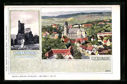 Künstler-AK Gernrode, Ruine Lauenburg, Gesamtansicht