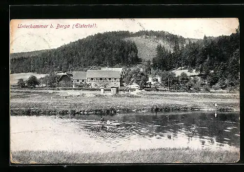 AK Unterhammer, Ortsansicht mit Flusskahn