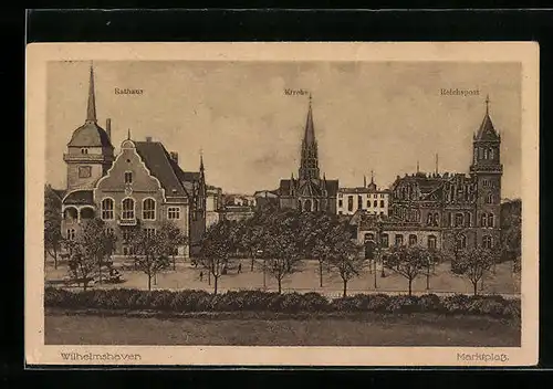 AK Wilhelmshaven, Marktplatz mit Rathaus, Kirche und Reichspost