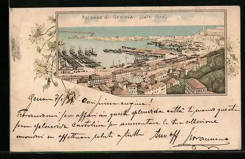 Passepartout-Lithographie Genova, Totalansicht aus der Vogelschau