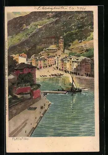 Lithographie Portofino, Hafenpartie