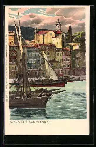 Lithographie Fezzano, Golfo di Spezia, Teilansicht mit Booten