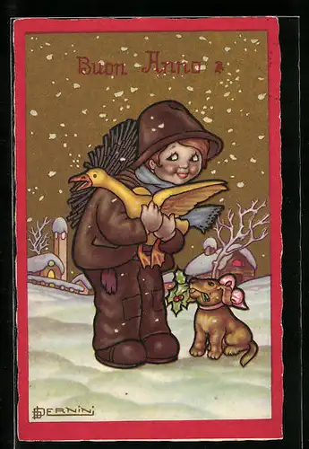 Künstler-AK sign. Bernini: Kind mit goldener Gans im Schnee