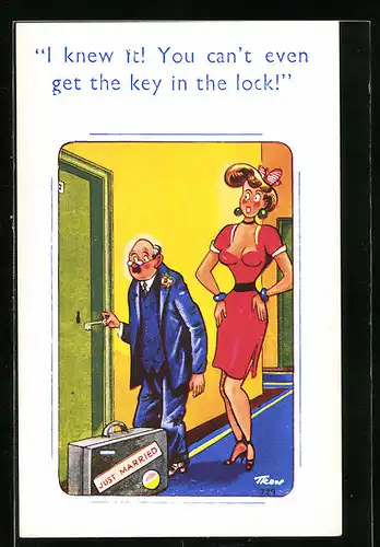Künstler-AK sign. Trow: I knew it, You can`t even get they key in the lock, Just married