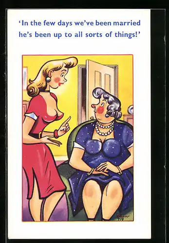 Künstler-AK sign. Trow: In the few days we`ve been married he`s been up to all sorts of things!