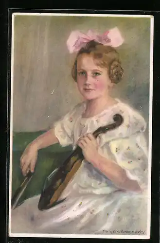 Künstler-AK sign. Margit v. Kremnitzky: Die kleine Künstlerin, Mädchen mit Violine