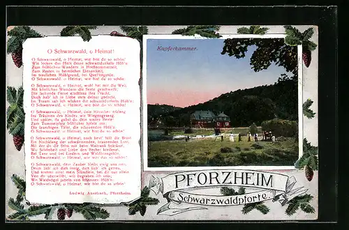 AK Pforzheim, Gasthaus Kupferhammer, Gedicht O Schwarzwald, o Heimat!