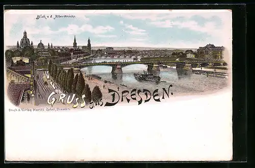 Lithographie Dresden, Blick v. d. Albertbrücke auf die Stadt