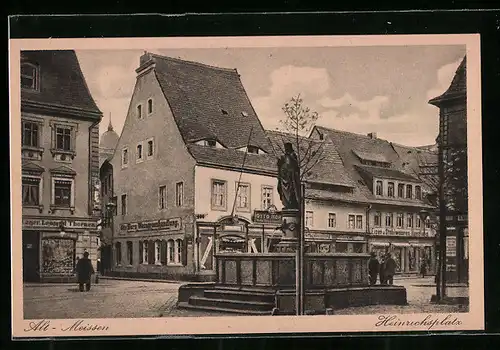 AK Alt-Meissen, Denkmal und Geschäfte auf dem Heinrichsplatz