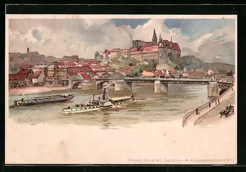 Lithographie Meissen, Gesamtansicht mit Schloss