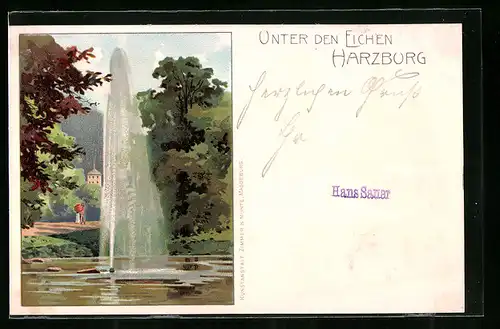 Lithographie Harzburg, Unter den Eichen, Wasserspiel