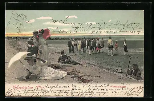 AK Döse / Nordsee, Wattenlaufen von Besuchern am Strand