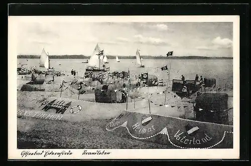 AK Eckernförde / Ostseebad, Strand mit Sandburgen und flaggen