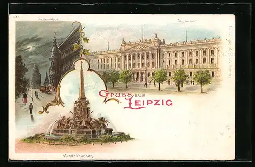 Lithographie Leipzig, Mendebrunnen, Universität