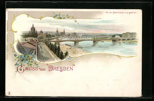 Lithographie Dresden, Stadtblick von der Albertbrücke aus