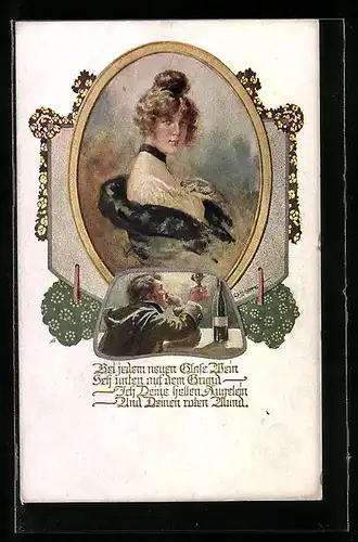 Künstler-AK W. Braun: Deutscher Schulverein Nr. 1197: Herr mit Weinglas, Frauenportrait