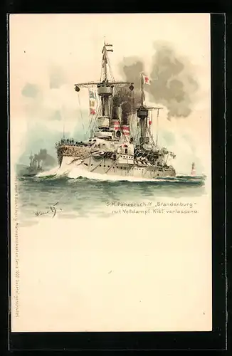 Künstler-AK Hans Bohrdt: SM Panzerschiff Brandenburg mit Volldampf Kiel verlassend