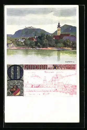 Künstler-AK Richard Assmann: Mautern /Südmark, Uferpartie mit Kloster Göttweig