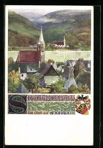 Künstler-AK Richard Assmann: Schwallenbach, Gesamtansicht mit Blick auf St. Johann, Wappen Südmark