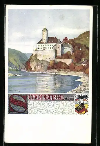 Künstler-AK Richard Assmann: Schönbühel, Schloss, Wappen Südmark