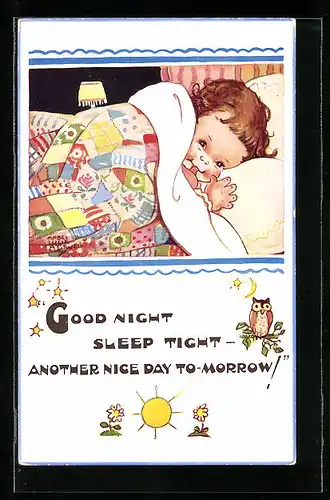 Künstler-AK Mabel Lucie Attwell: Good night sleep tight - another nice day to-morrow!, Owl