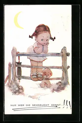 Künstler-AK Mabel Lucie Attwell: Weinendes Mädchen steht auf einem Zaun, Nur wer die Sehnsucht kennt...