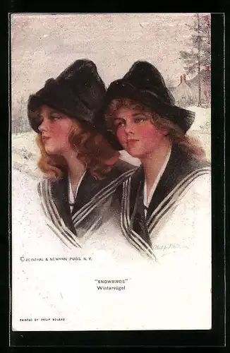 Künstler-AK Philip Boileau: Zwillingsschwestern mit dunklen Kappen Snowbirds