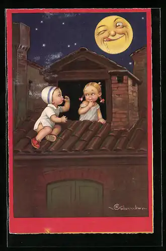Künstler-AK E. Colombo: Junge ärgert Mädchen am Fenster