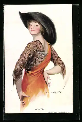 Künstler-AK F. Earl Christy: The Siren, junge Frau im roten Kleid mit grossem Hut