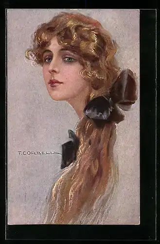 Künstler-AK Tito Corbella: Junge Frau mit schwarzer Schleife im Haar
