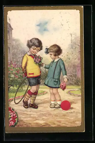 Künstler-AK Castelli: Mädchen reicht Jungen einen Blumenstrauss