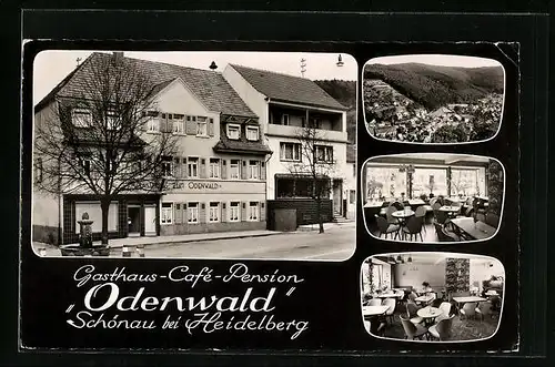 AK Schönau bei Heidelberg, Gasthaus-Café Odenwald, Ortspanorama