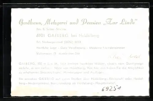 AK Gaiberg bei Heidelberg, Gasthaus-Pension Zur Linde, Bes. K. Sulzer-Strelow
