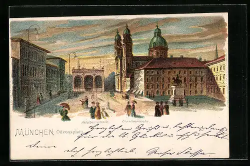 Lithographie München, Feldherrnhalle und Theatinerkirche