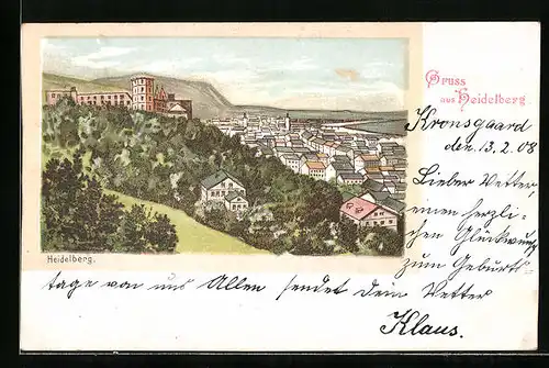 Lithographie Heidelberg, Teilansicht mit Schloss